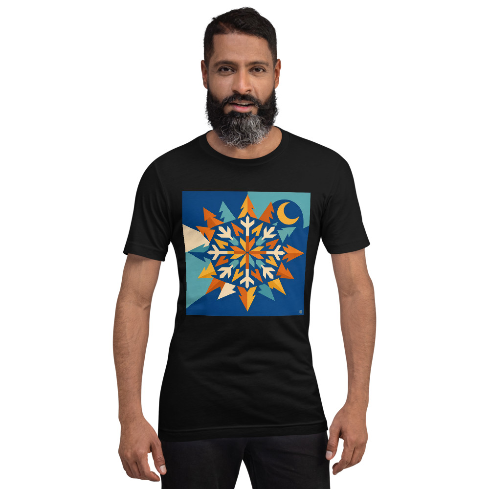 Geometric Snowflake with Pines and Crescent Moon
