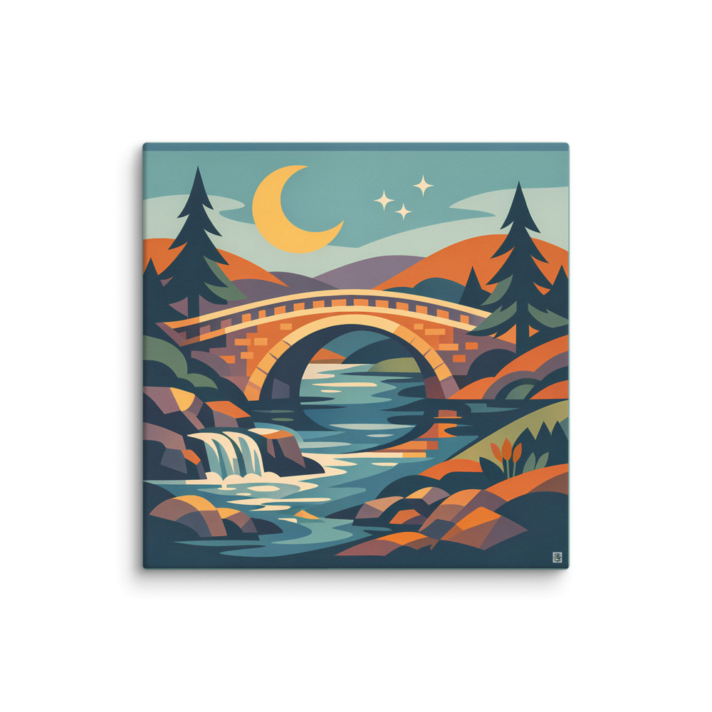 Moonlit Bridge Over a Geometric Forest River — Canvas Print
