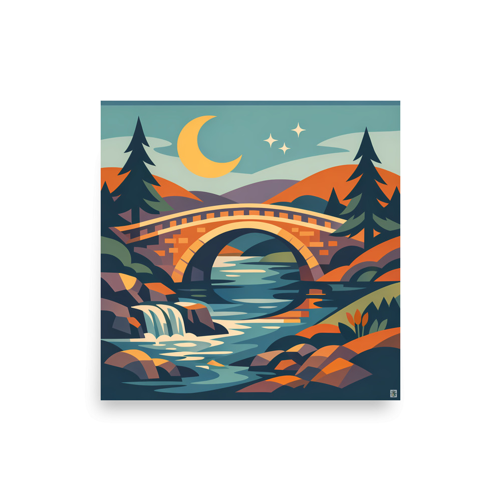 Moonlit Bridge Over a Geometric Forest River — Art Print