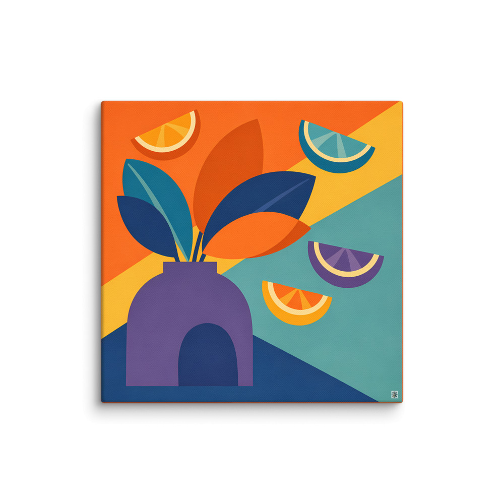 Colourful Vase with Leaves and Citrus Shapes — Canvas Print
