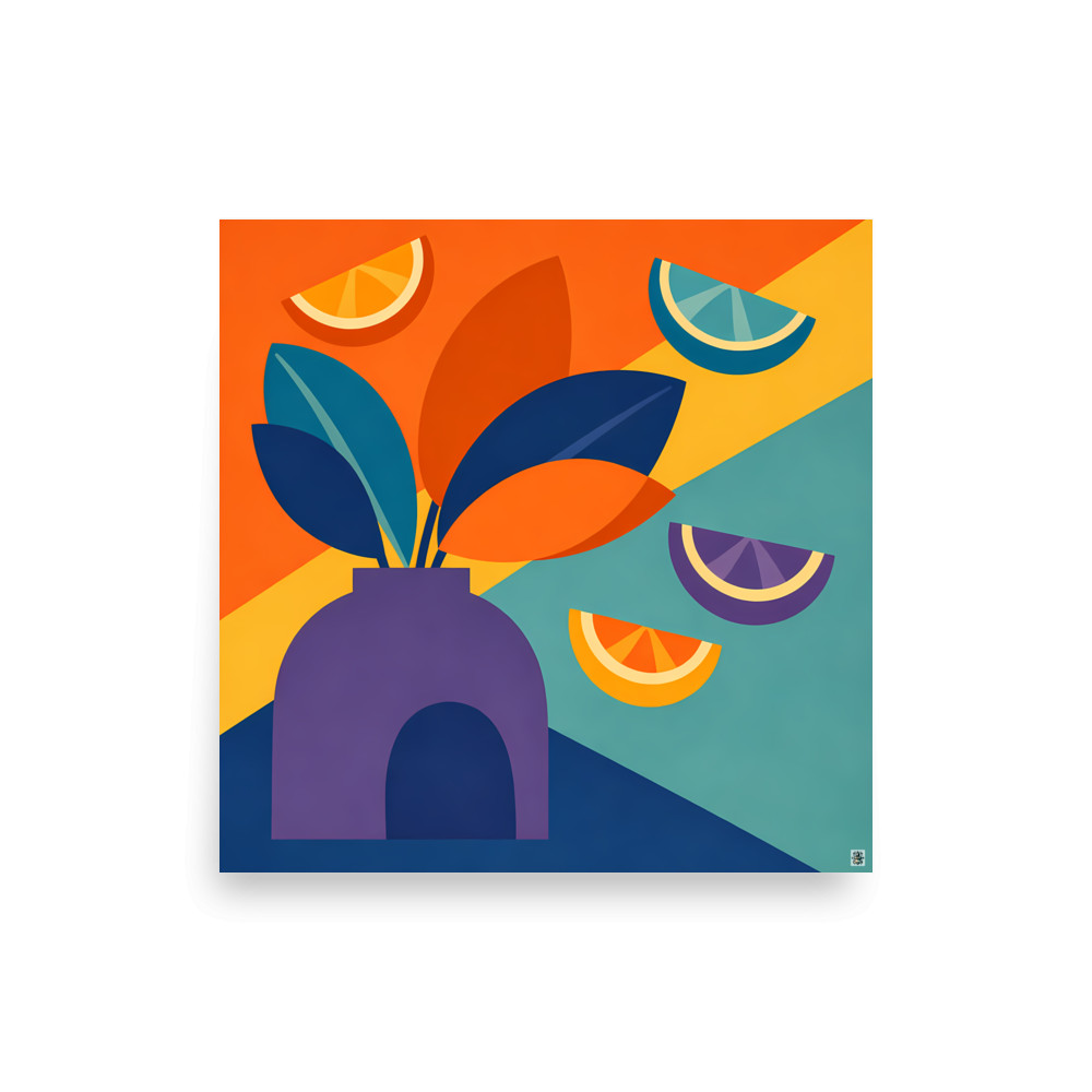 Colourful Vase with Leaves and Citrus Shapes — Art Print