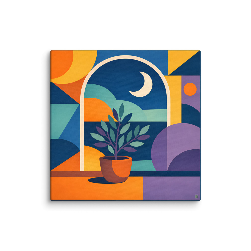 Potted Plant by Moonlit Geometric Window — Canvas Print