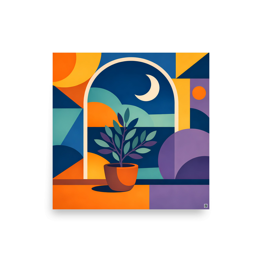Potted Plant by Moonlit Geometric Window — Art Print