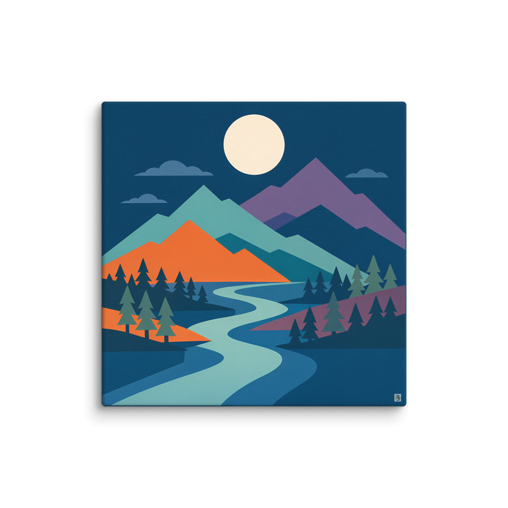 Geometric Moonlit Mountains and River — Canvas Print