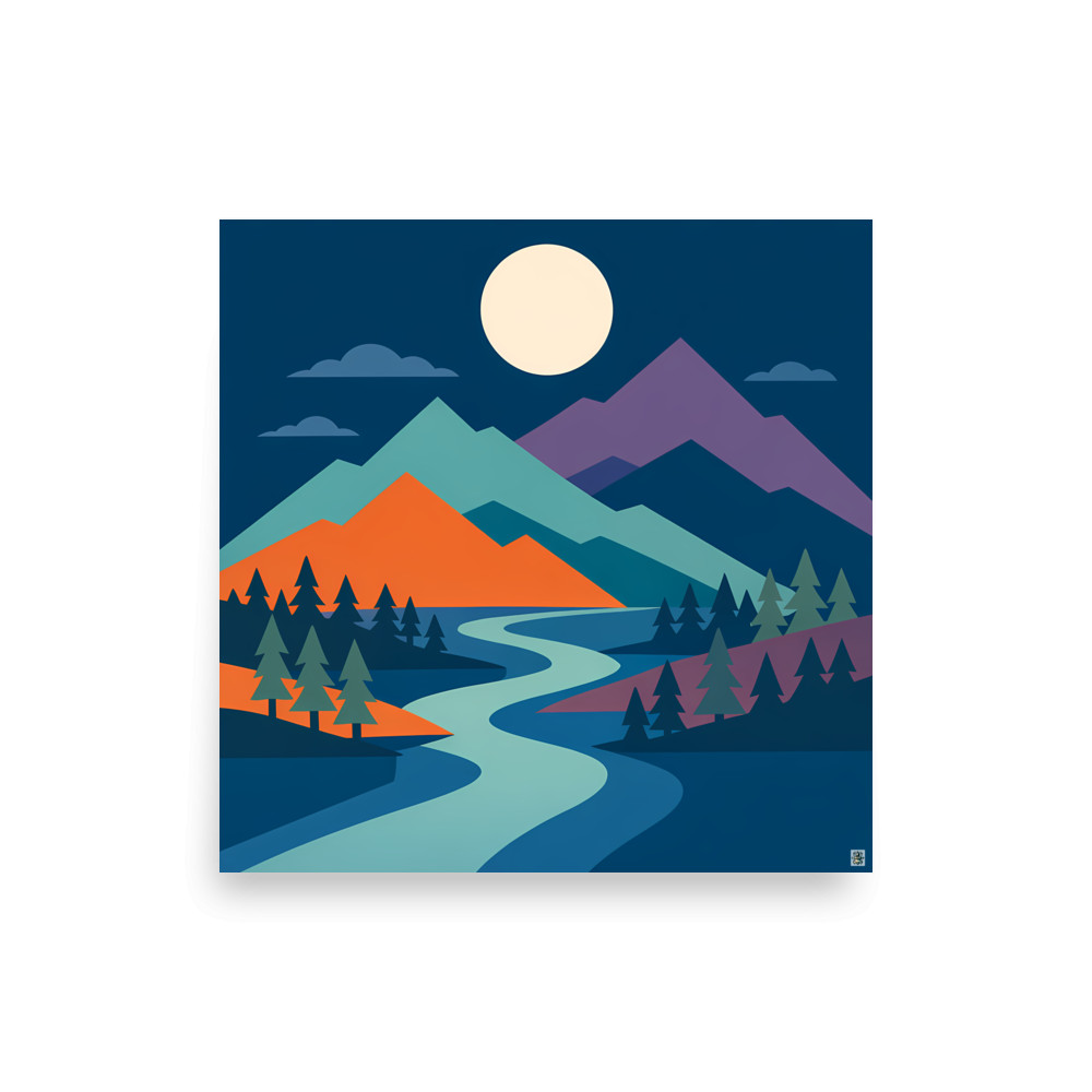 Geometric Moonlit Mountains and River — Art Print
