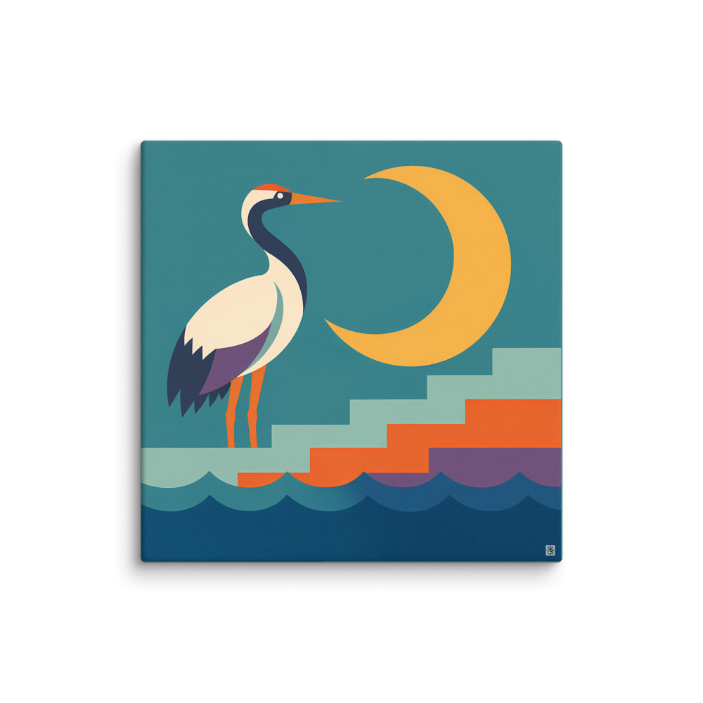 Geometric Heron with Crescent Moon — Canvas Print
