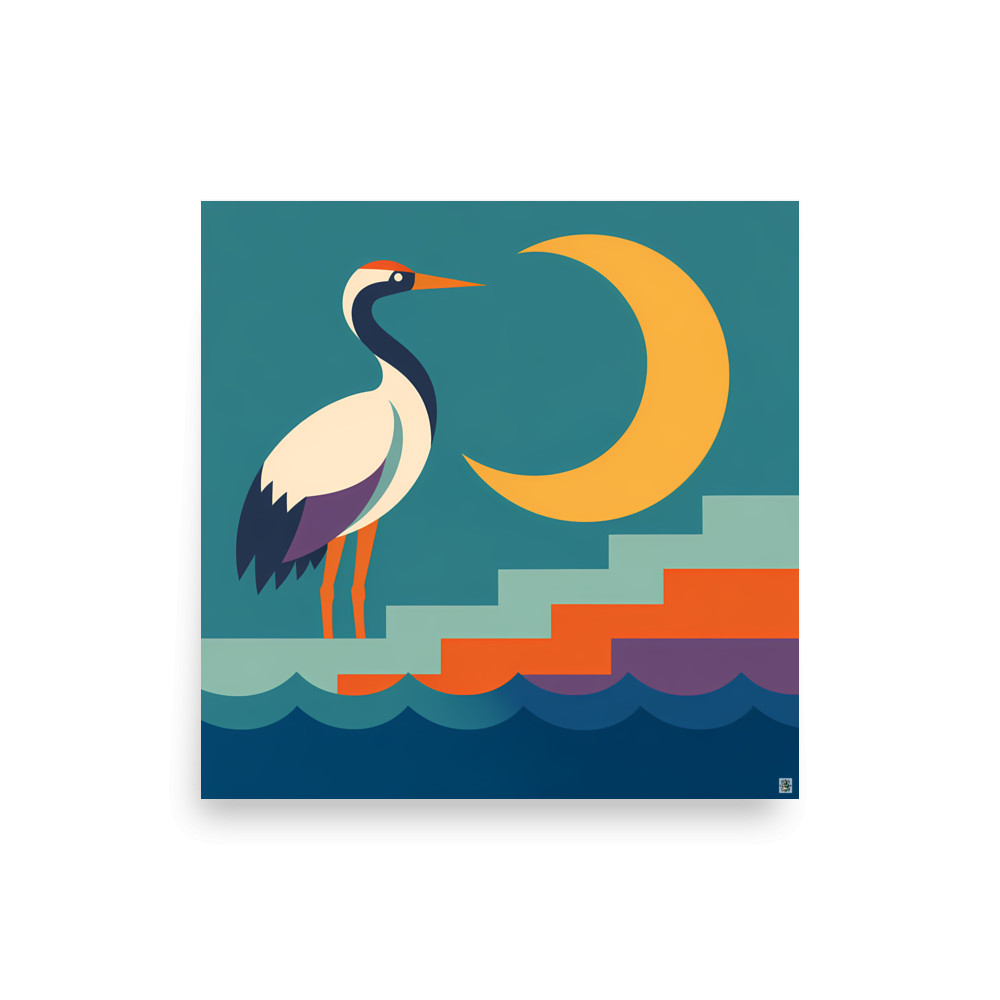 Geometric Heron with Crescent Moon — Art Print