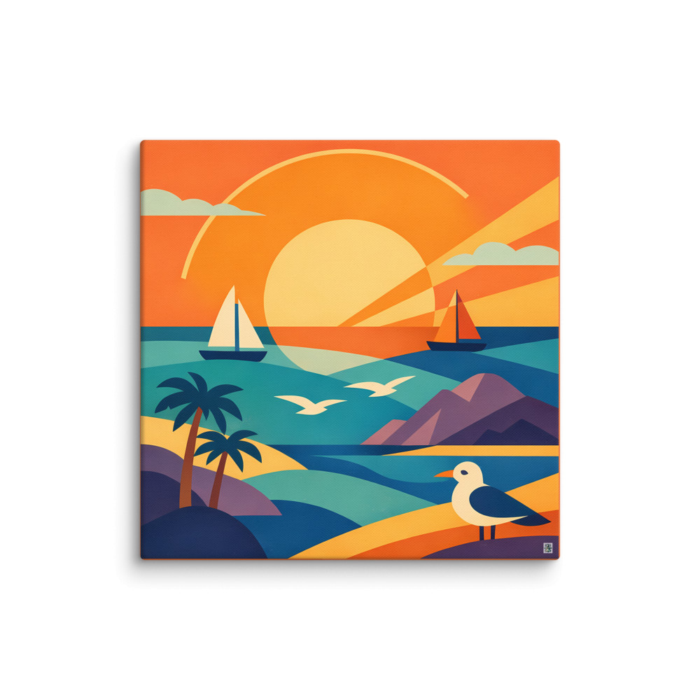 Geometric Coastal Sunset with Yachts and Palms — Canvas Print