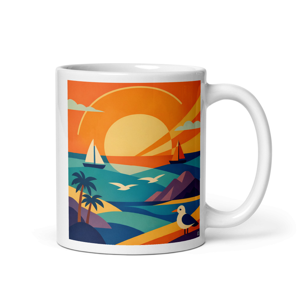 Geometric Coastal Sunset with Yachts and Palms
