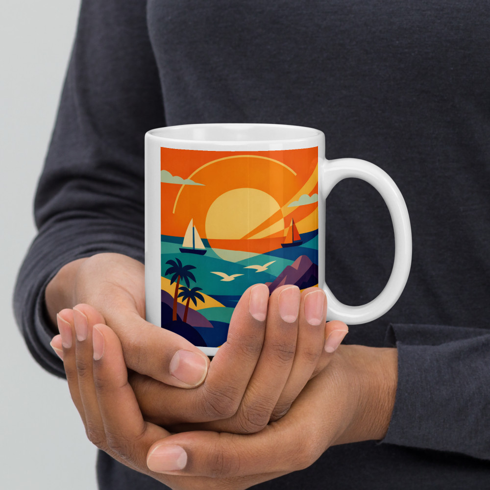 Geometric Coastal Sunset with Yachts and Palms — Mug