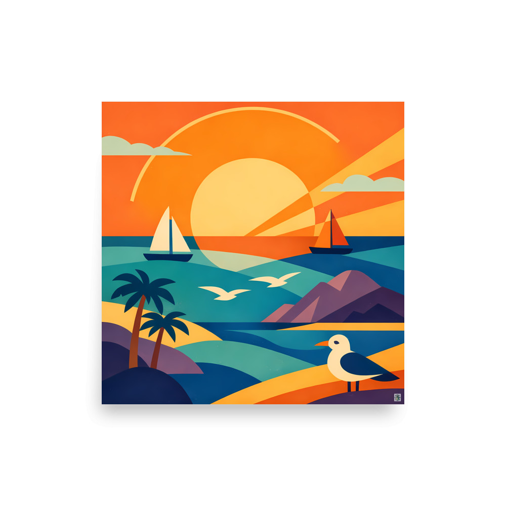 Geometric Coastal Sunset with Yachts and Palms — Art Print