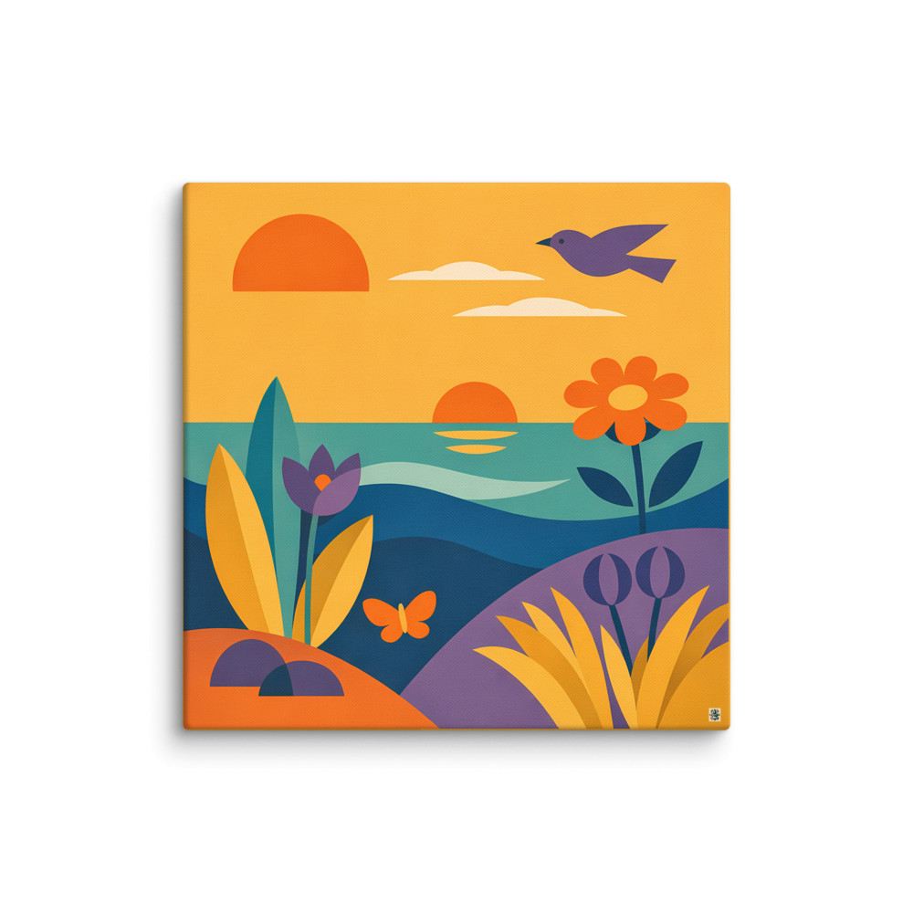 Geometric Botanical Seascape with Bird and Flowers — Canvas Print