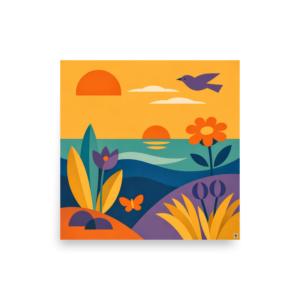 Geometric Botanical Seascape with Bird and Flowers — Art Print
