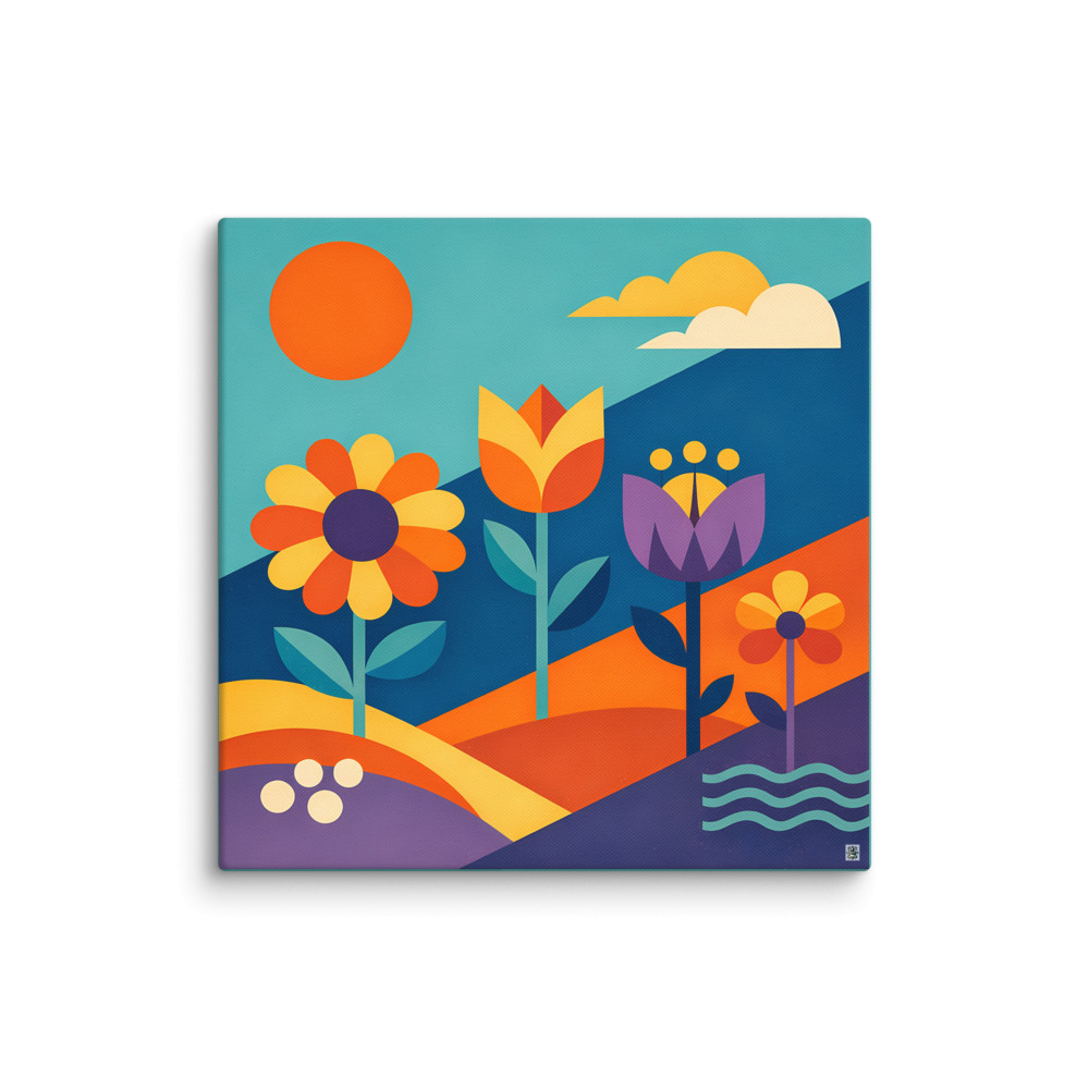 Geometric Flowers in a Colour Block Landscape — Canvas Print