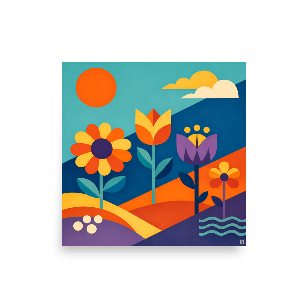 Geometric Flowers in a Colour Block Landscape — Art Print