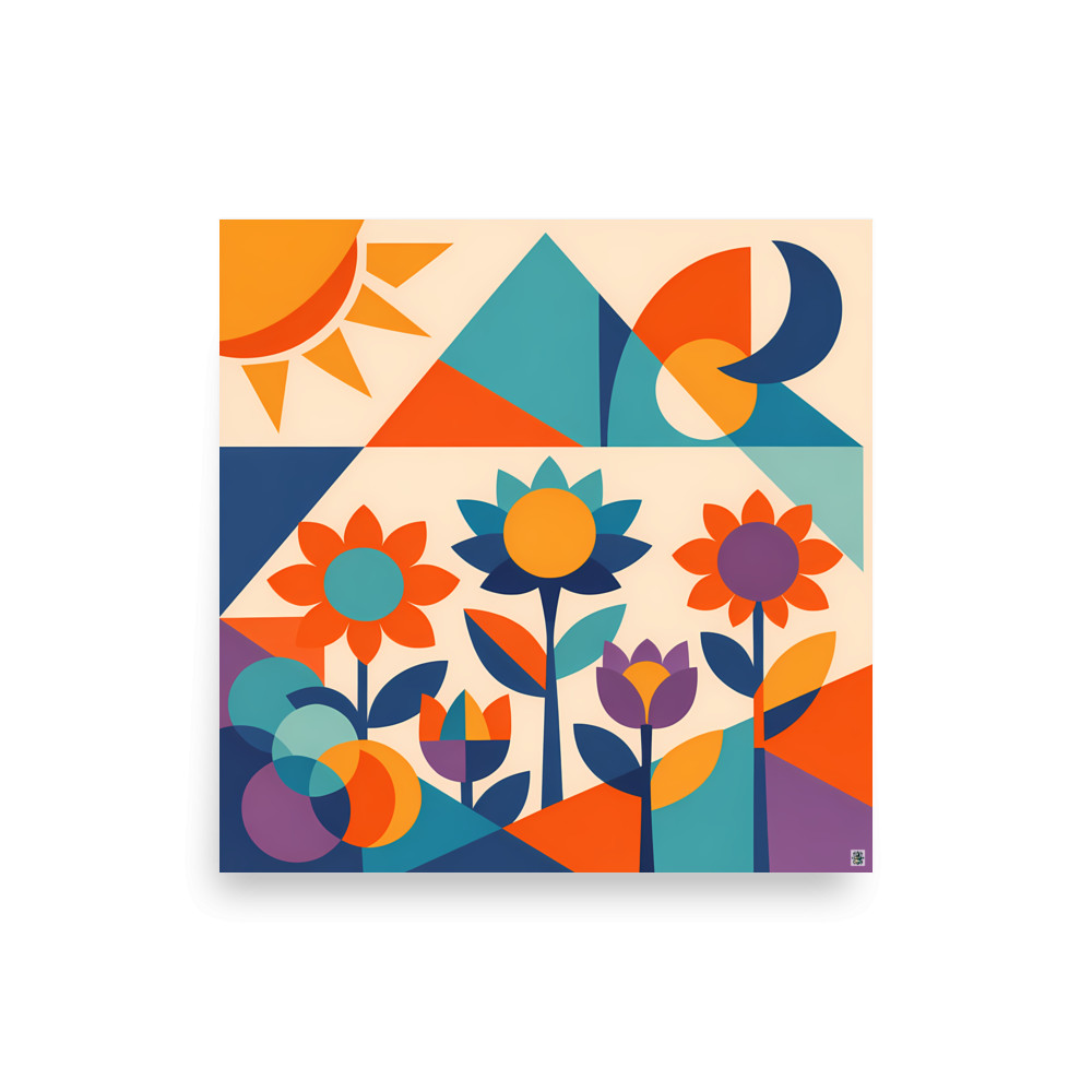 Geometric Flower Garden with Sun and Moon — Art Print