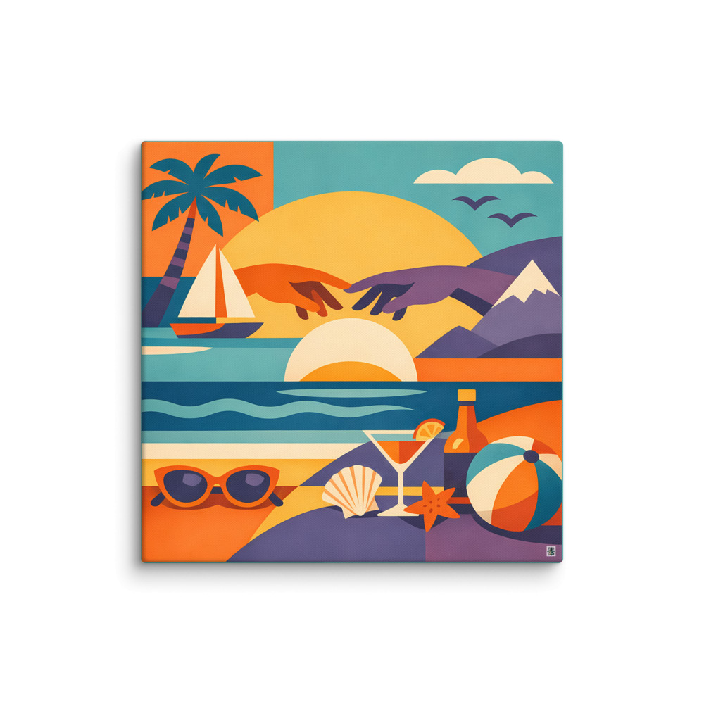 Tropical Beach Collage with Sunset Hands and Yacht — Canvas Print