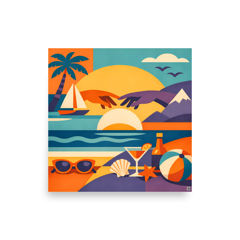 Tropical Beach Collage with Sunset Hands and Yacht — Art Print