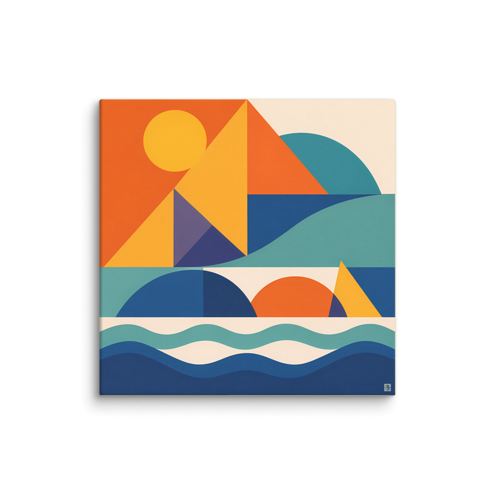 Geometric Coastal Landscape with Sun and Waves — Canvas Print
