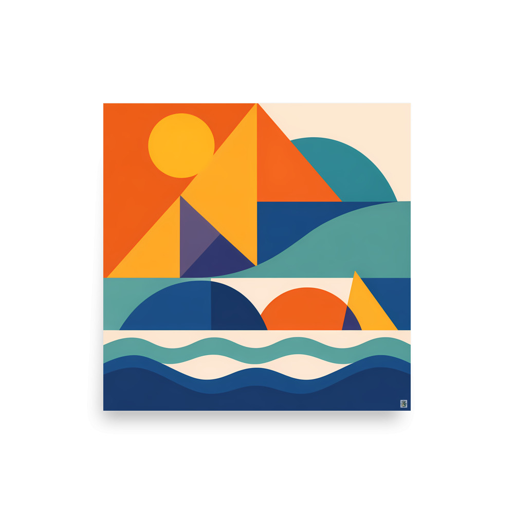 Geometric Coastal Landscape with Sun and Waves — Art Print