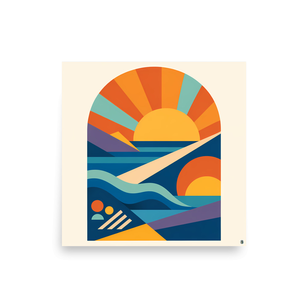 Geometric Sun Arch Seascape in Warm Retro Colours — Art Print