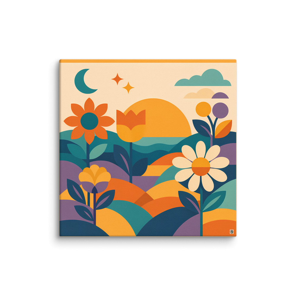 Geometric Floral Landscape with Sun and Moon — Canvas Print
