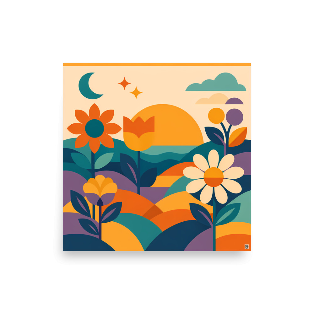 Geometric Floral Landscape with Sun and Moon — Art Print