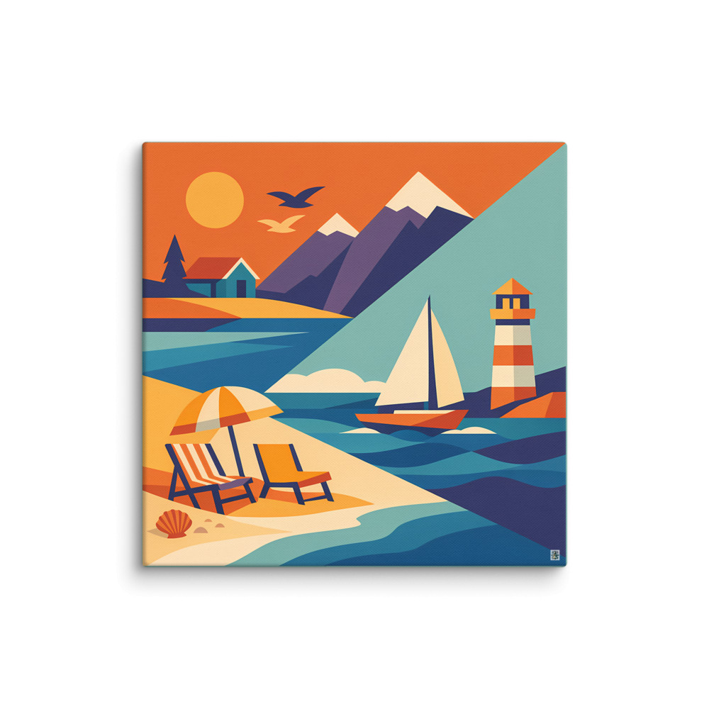 Minimal Coastal Yacht and Lighthouse Scene — Canvas Print