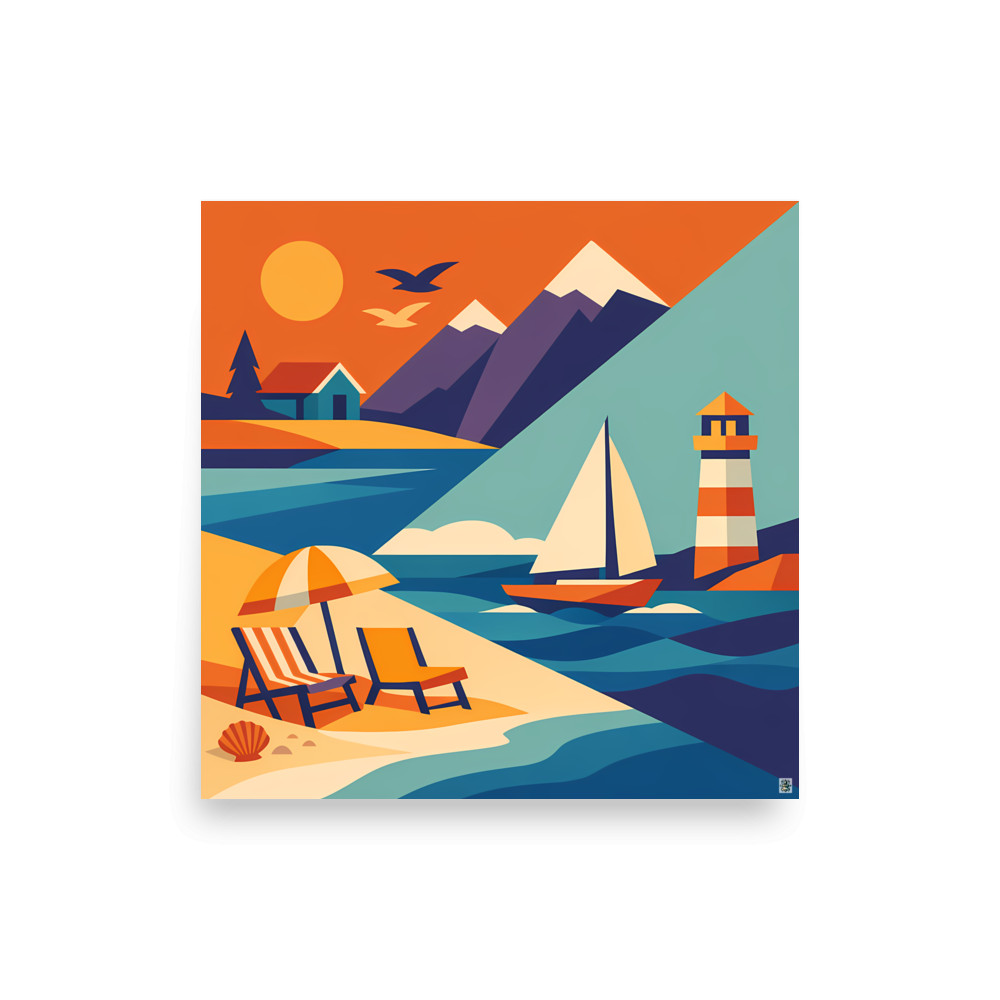 Minimal Coastal Yacht and Lighthouse Scene — Art Print
