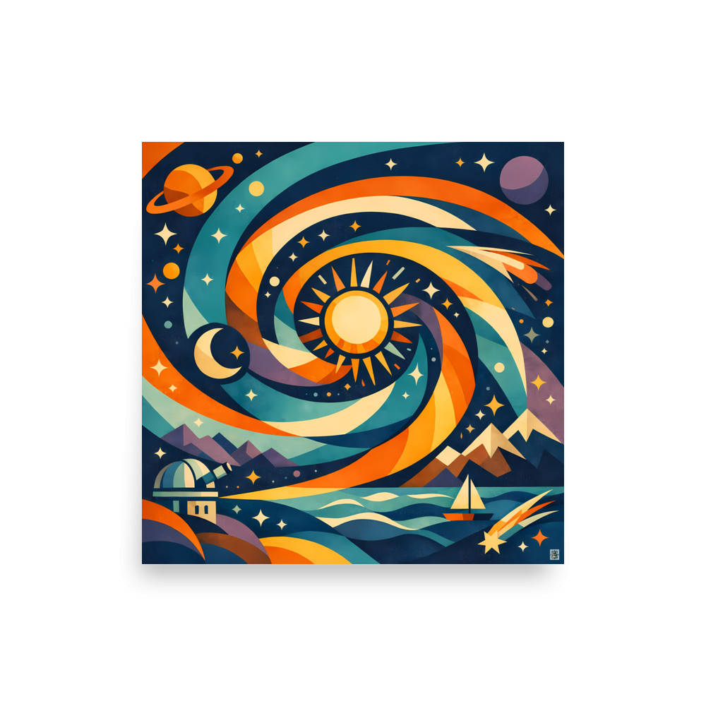 Swirling Celestial Landscape with Sun and Moon — Art Print