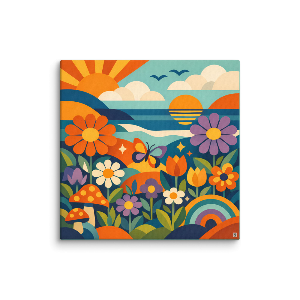Groovy Daisy Garden with Sunset and Rainbow — Canvas Print
