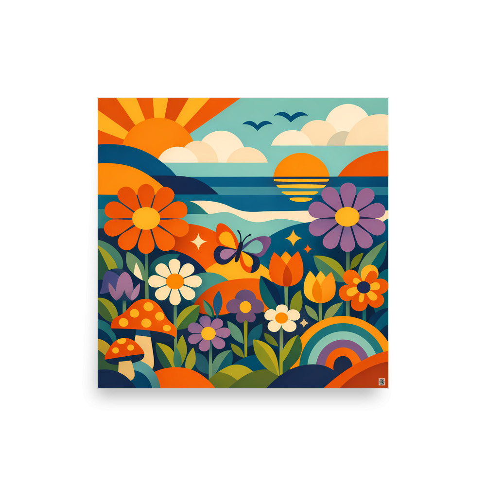 Groovy Daisy Garden with Sunset and Rainbow — Art Print
