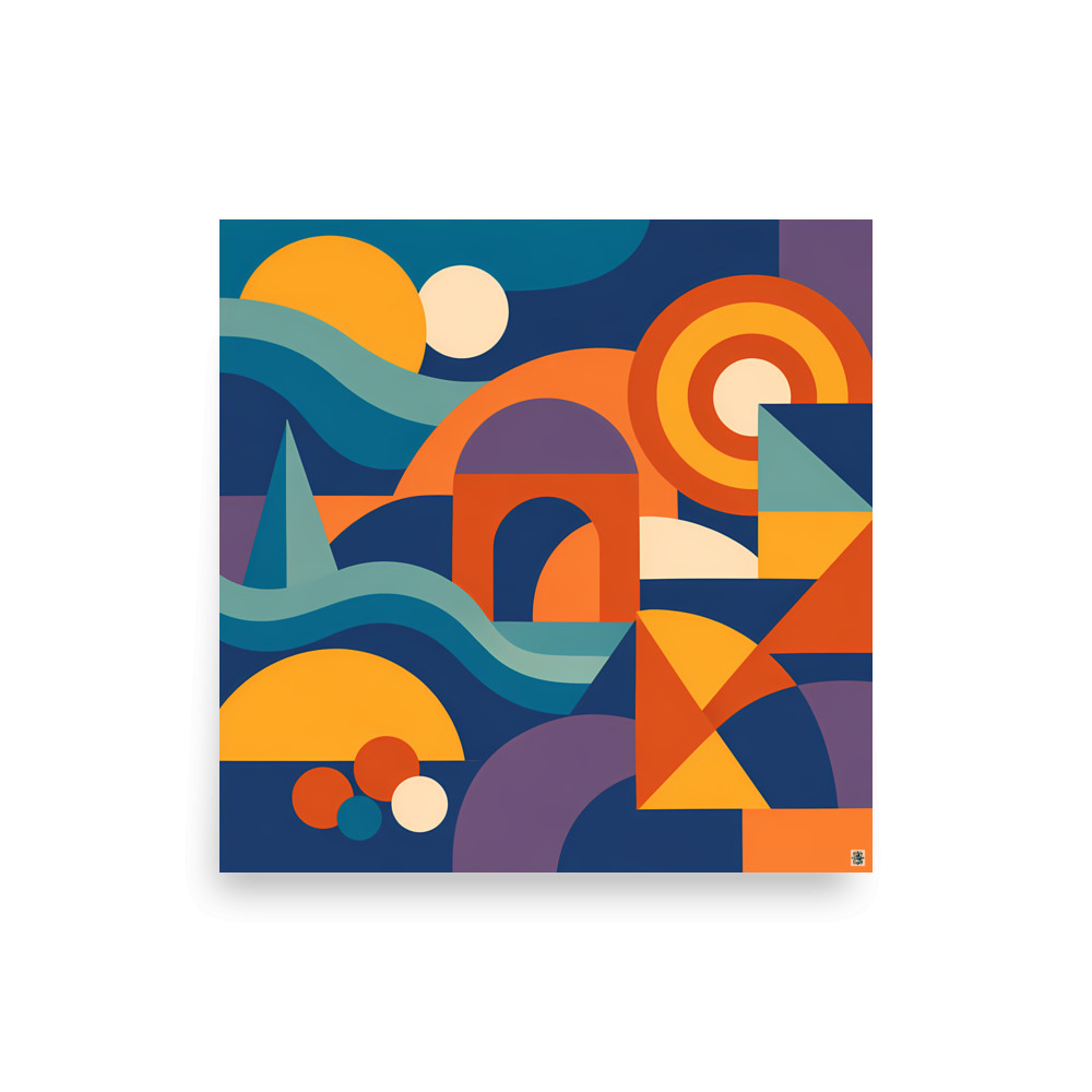 Groovy Wavy Geometric Shapes in Navy and Orange — Art Print