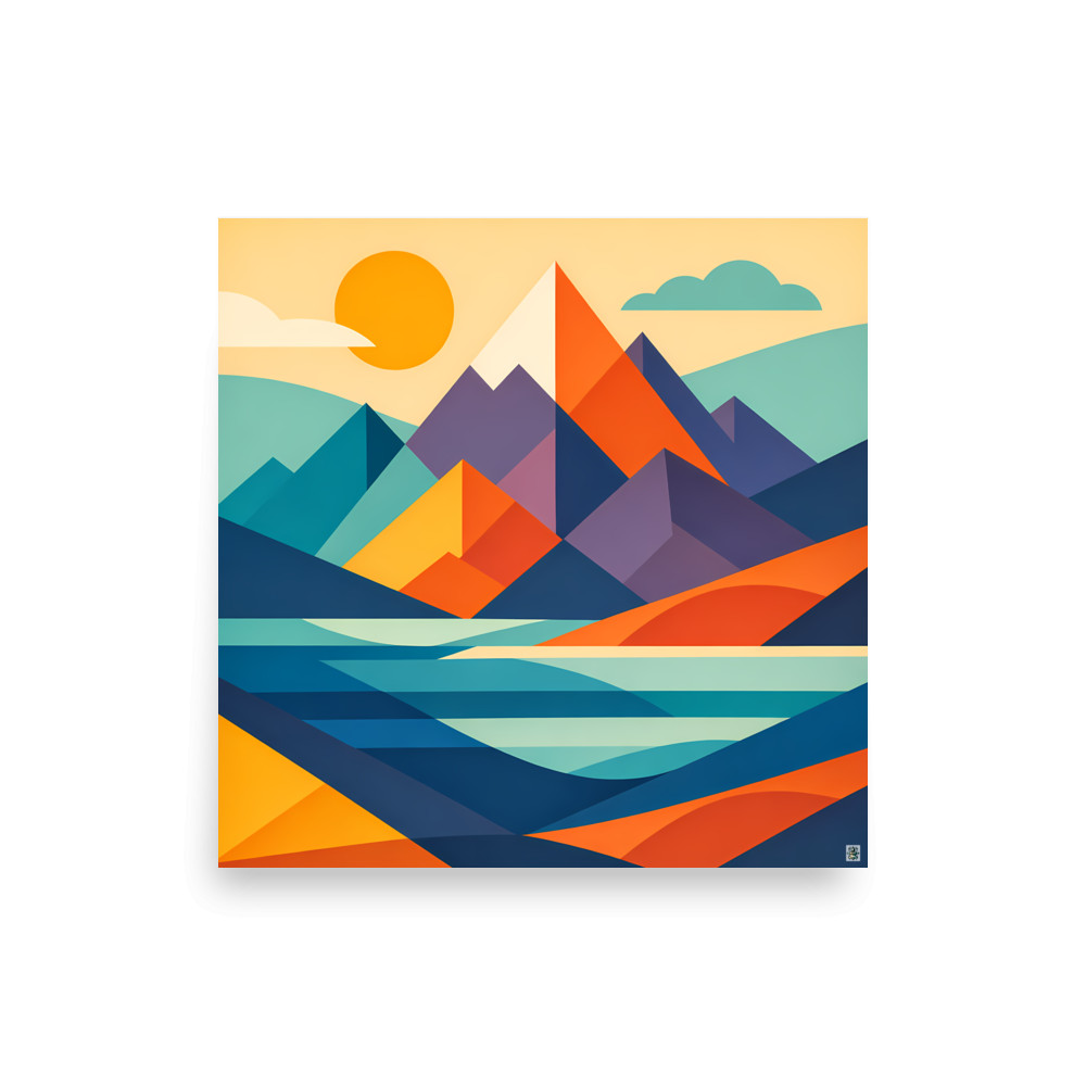Geometric Mountain Lake at Sunset — Art Print