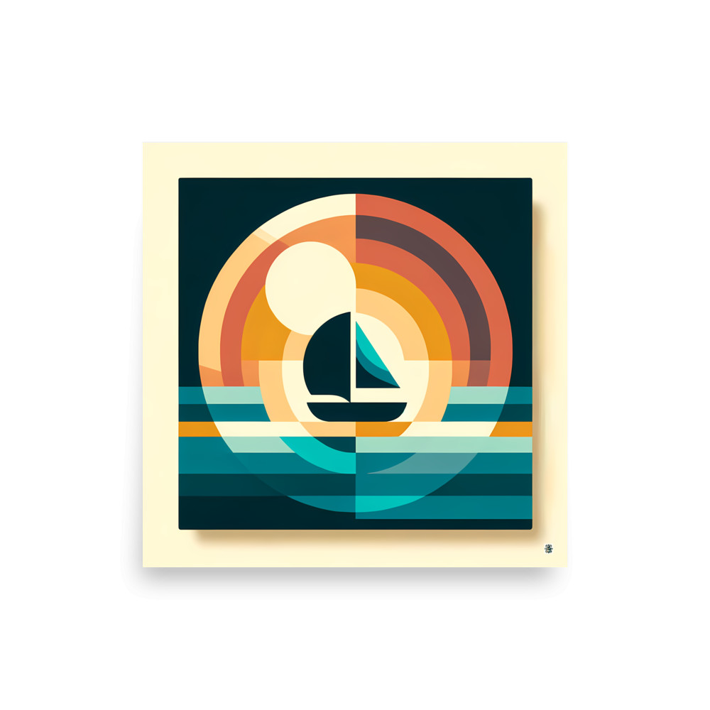 Retro Geometric Sailboat Sunset Art — Art Print