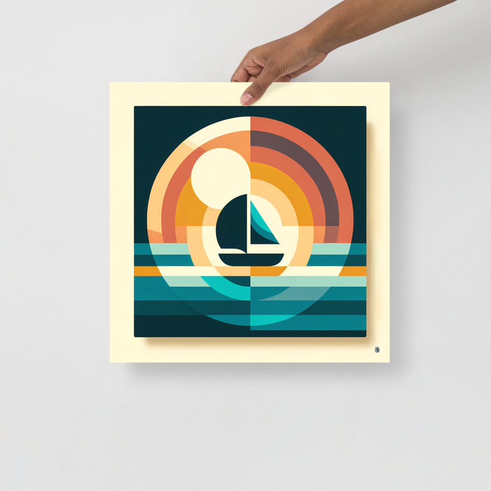 Retro Geometric Sailboat Sunset Art