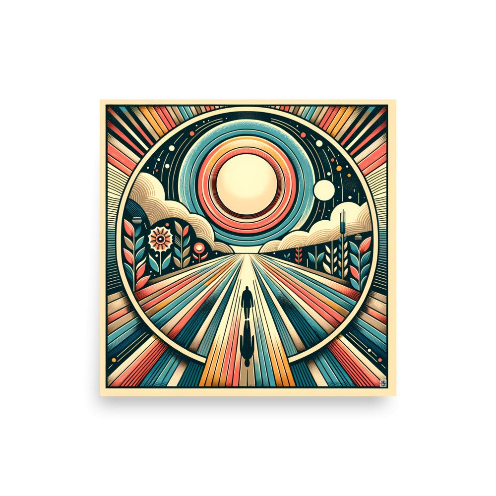 Retro Geometric Sunburst Landscape Art