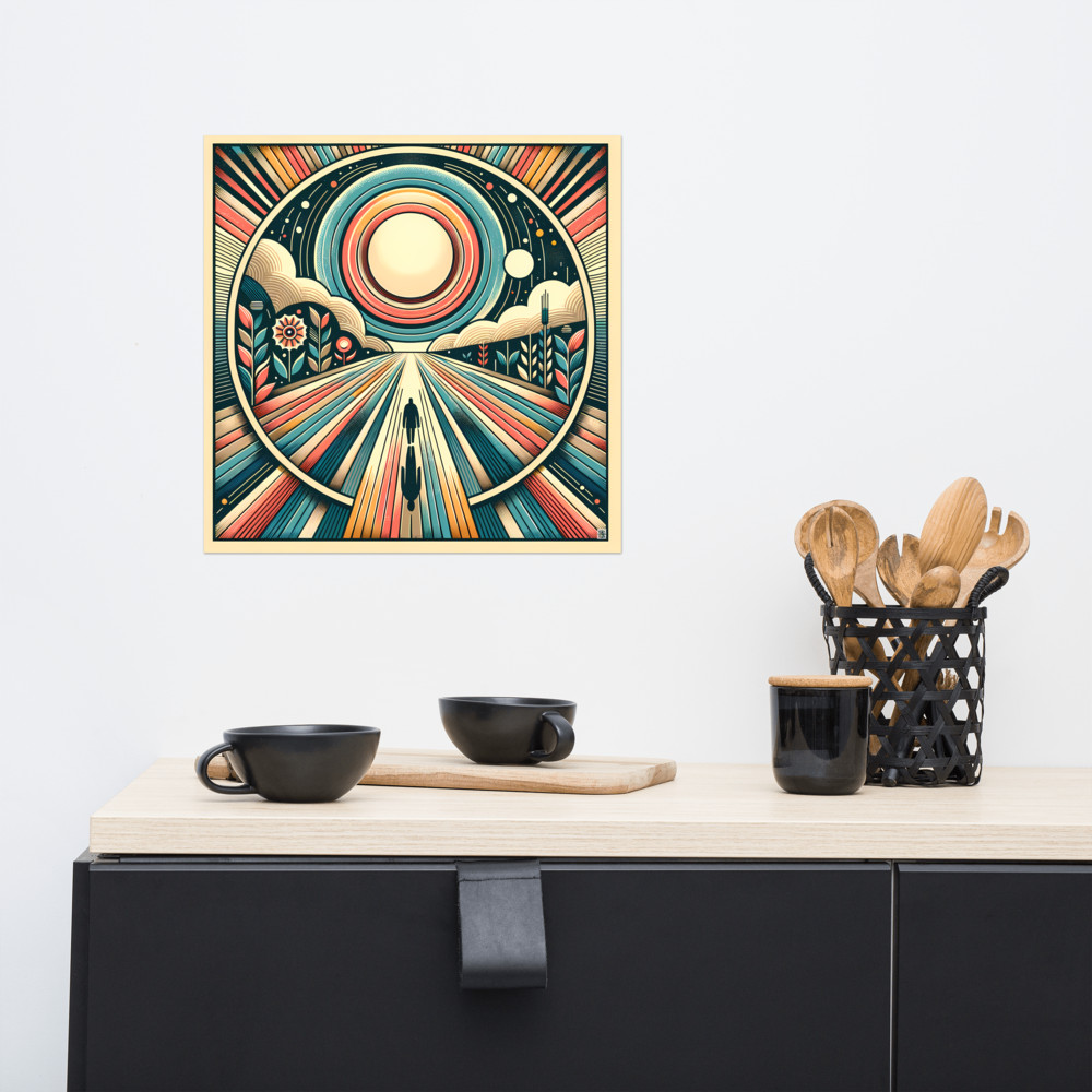 Retro Geometric Sunburst Landscape Art