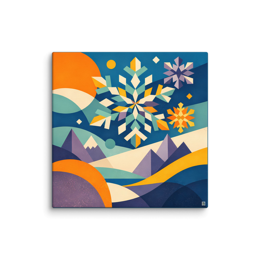 Geometric Snowflakes over Winter Mountains — Canvas Print