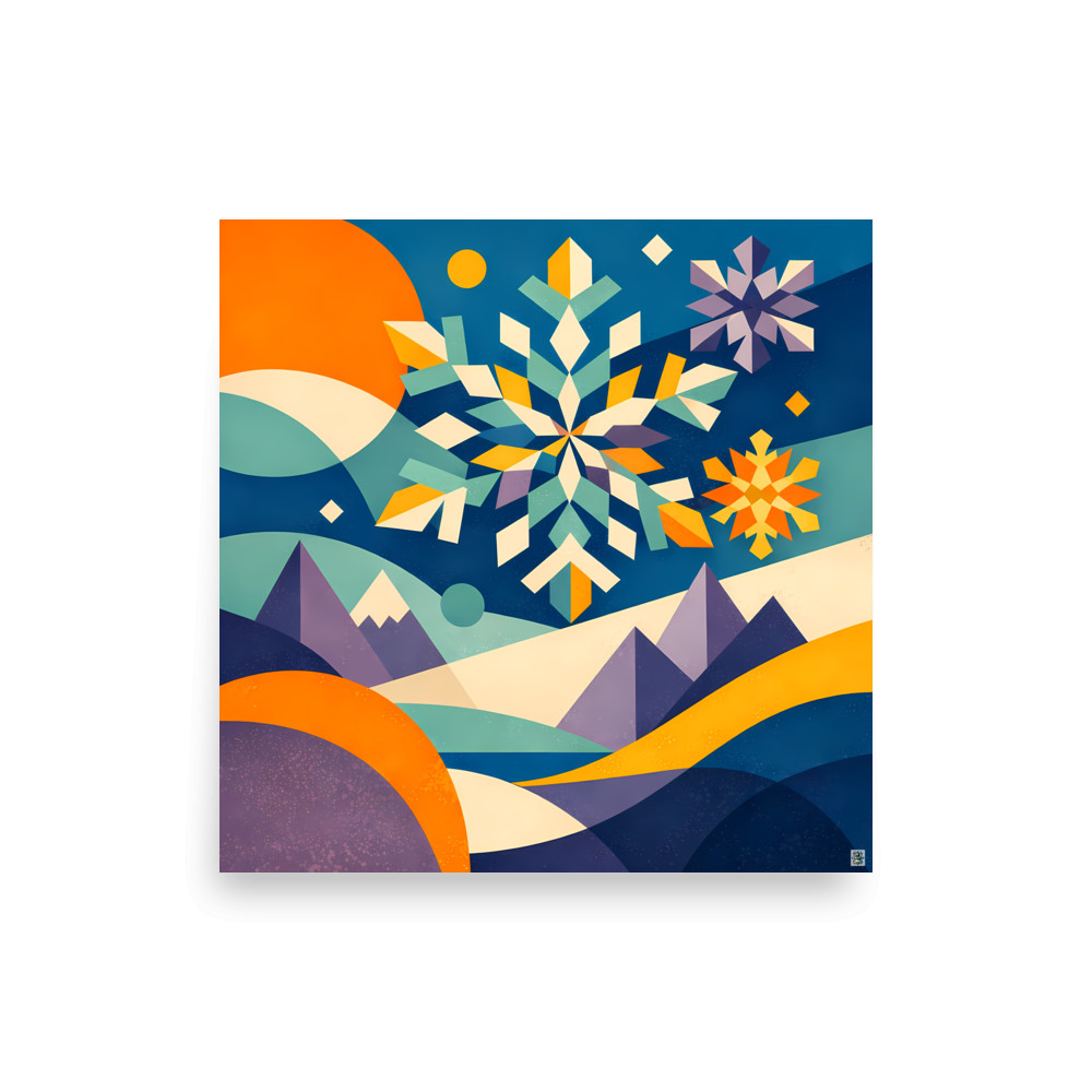 Geometric Snowflakes over Winter Mountains — Art Print