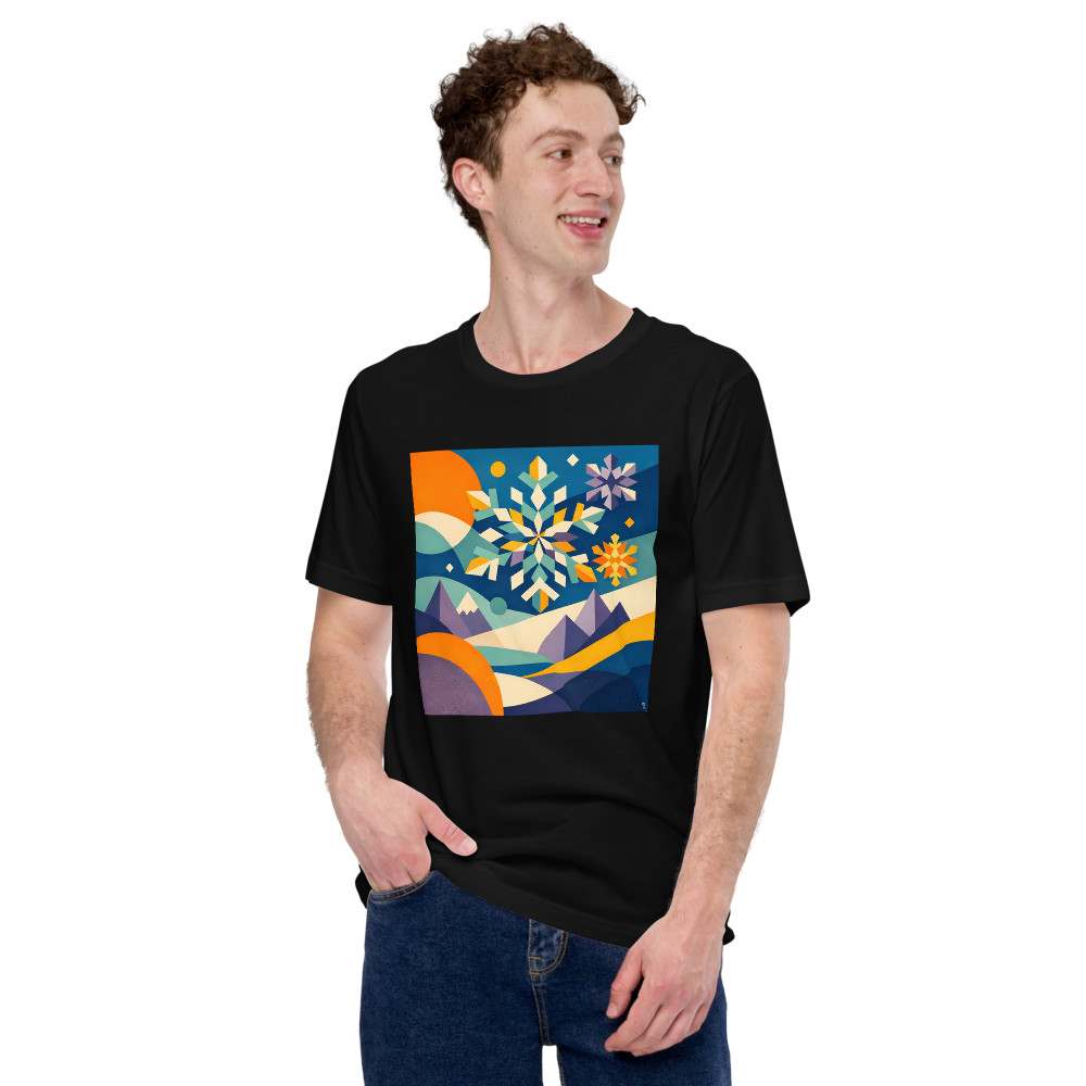Geometric Snowflakes over Winter Mountains — T-Shirt