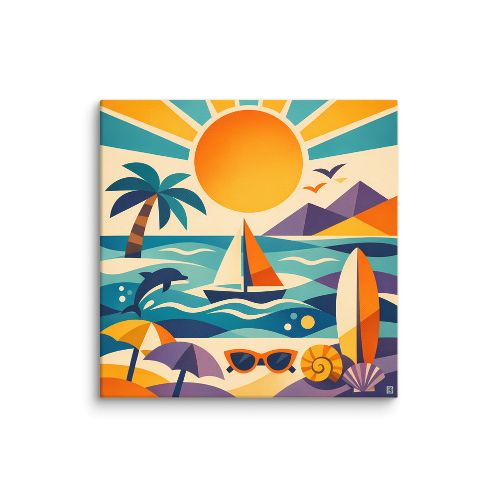 Geometric Seaside with Yacht, Dolphin and Sun — Canvas Print