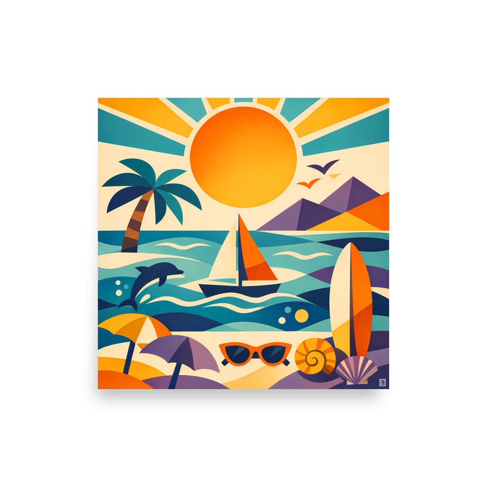 Geometric Seaside with Yacht, Dolphin and Sun — Art Print
