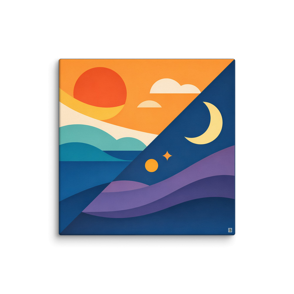 Geometric Sun and Crescent Moon Landscape — Canvas Print