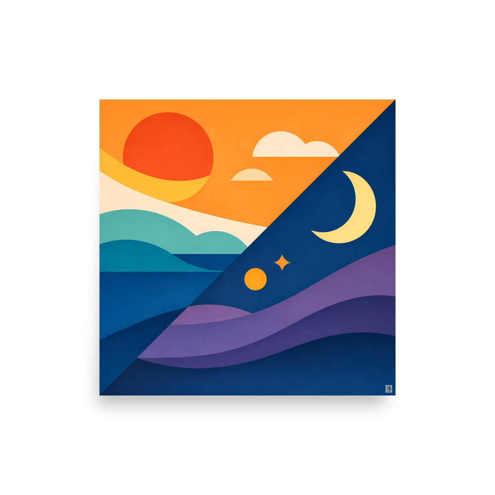Geometric Sun and Crescent Moon Landscape — Art Print
