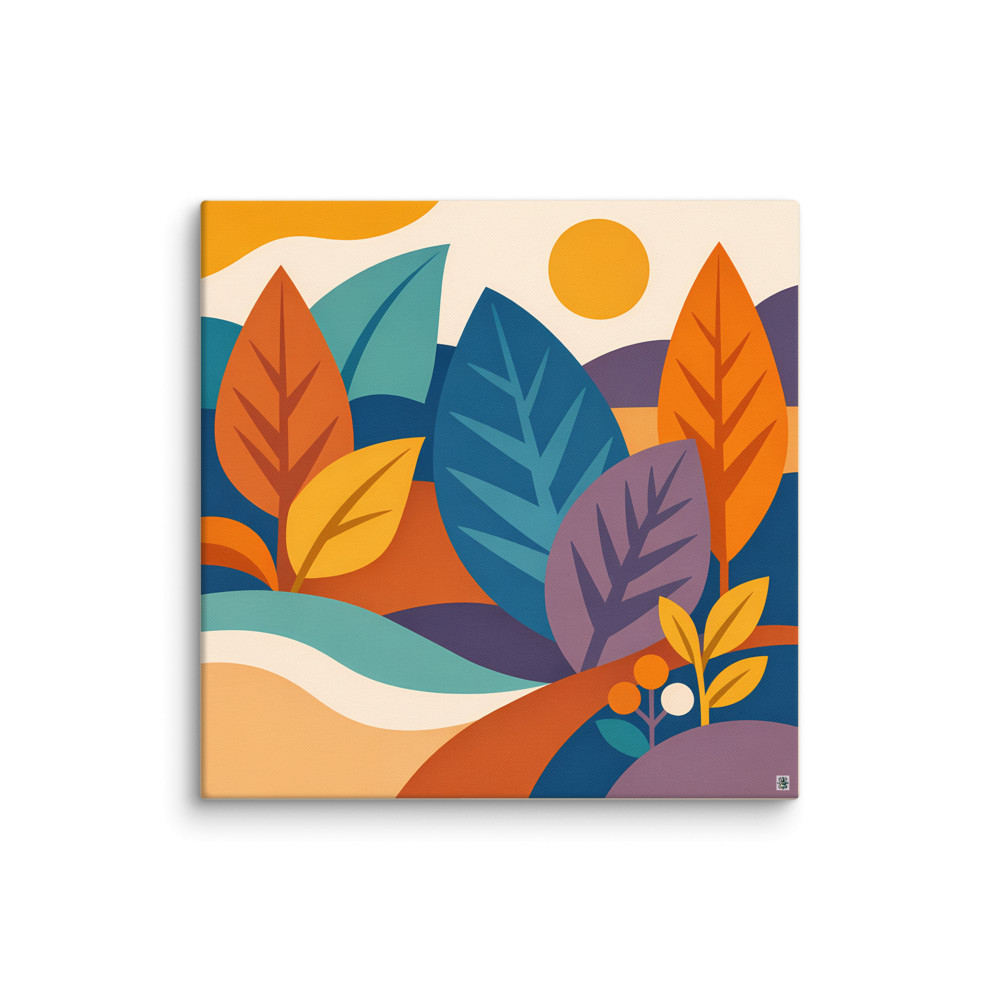 Geometric Botanical Leaves with Sunlit Hills — Canvas Print
