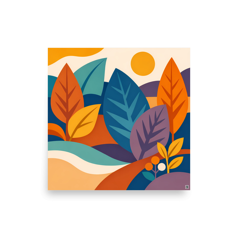 Geometric Botanical Leaves with Sunlit Hills — Art Print