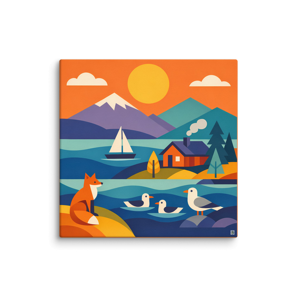 Scandi Lake Landscape with Fox, Yacht and Cabin — Canvas Print