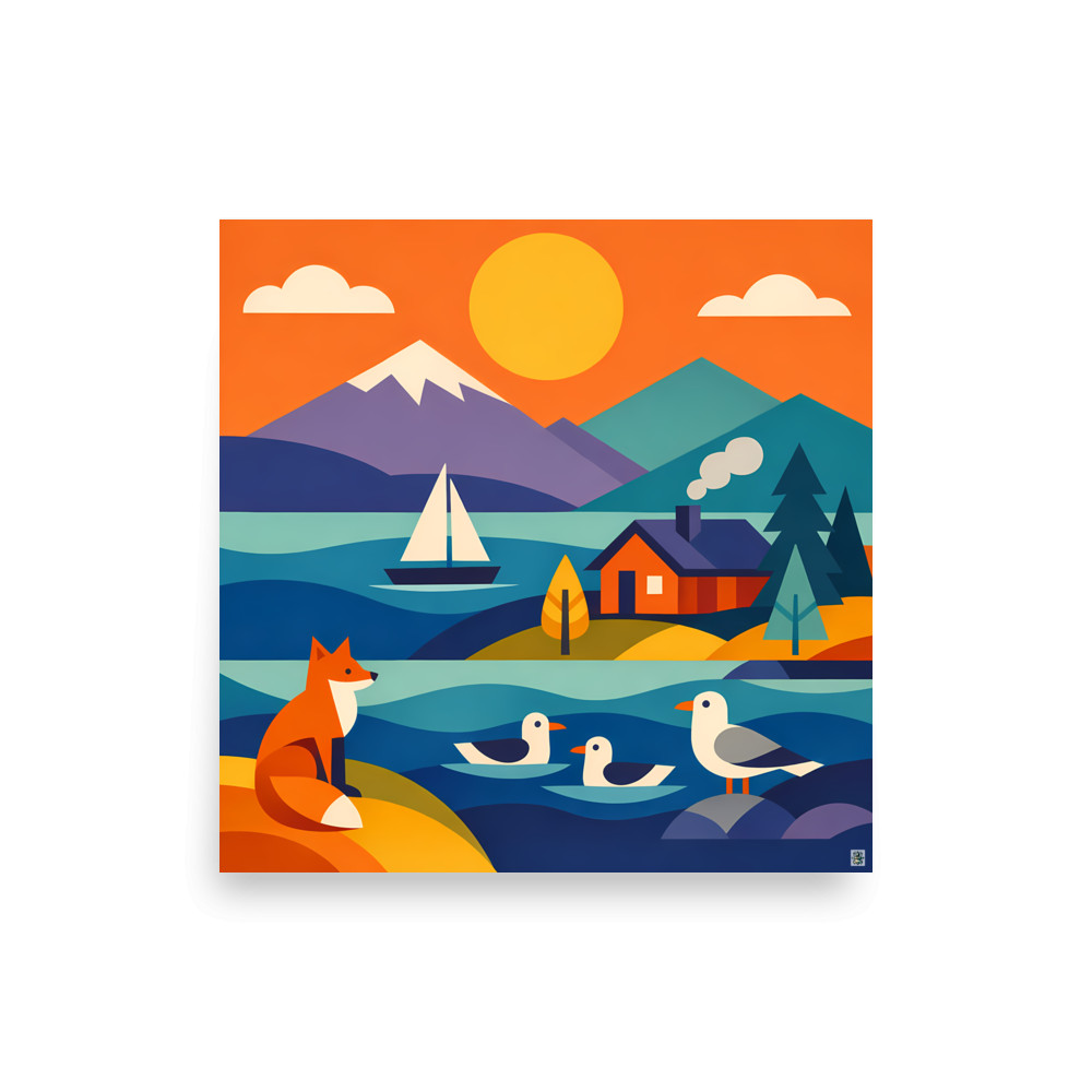 Scandi Lake Landscape with Fox, Yacht and Cabin — Art Print