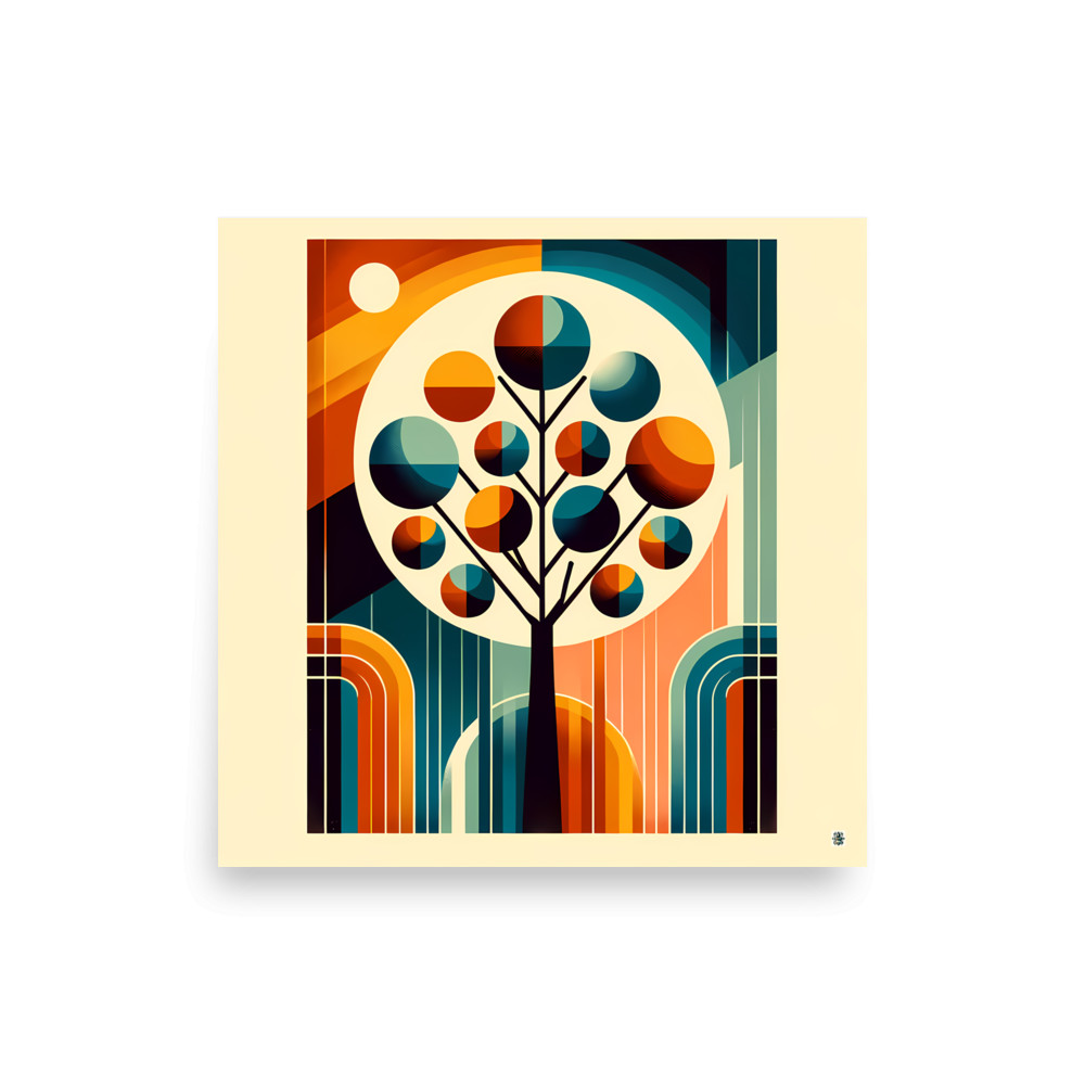 Mid Century Modern Geometric Tree in Teal and Orange — Art Print